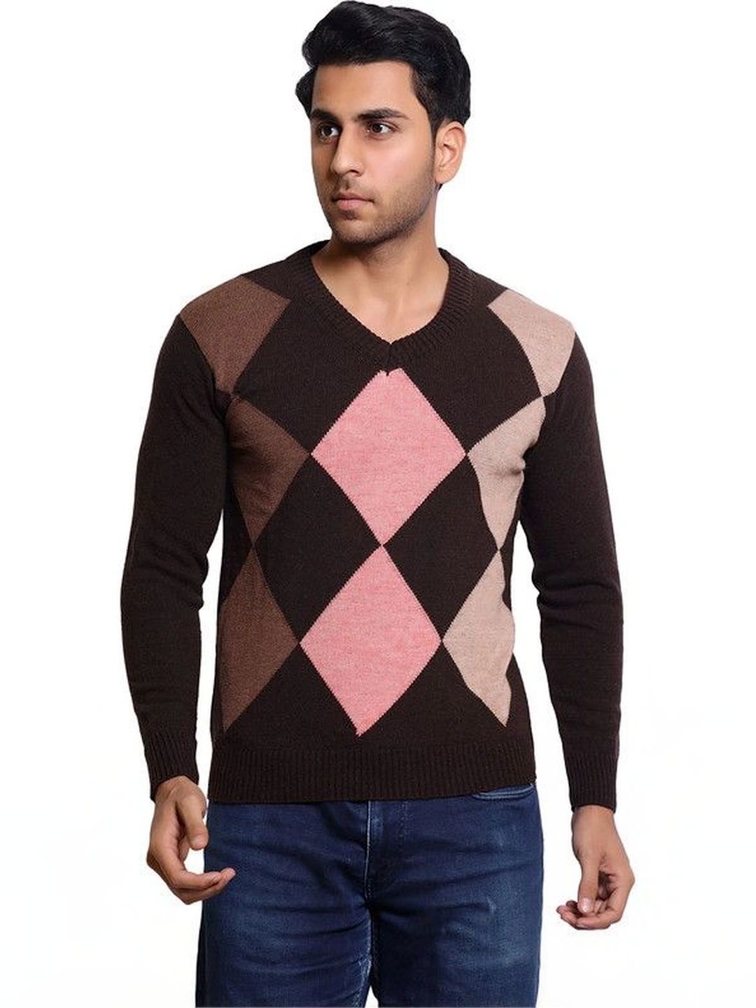 Grand Line Men Argyle Checked Woollen Pullover-picture-24