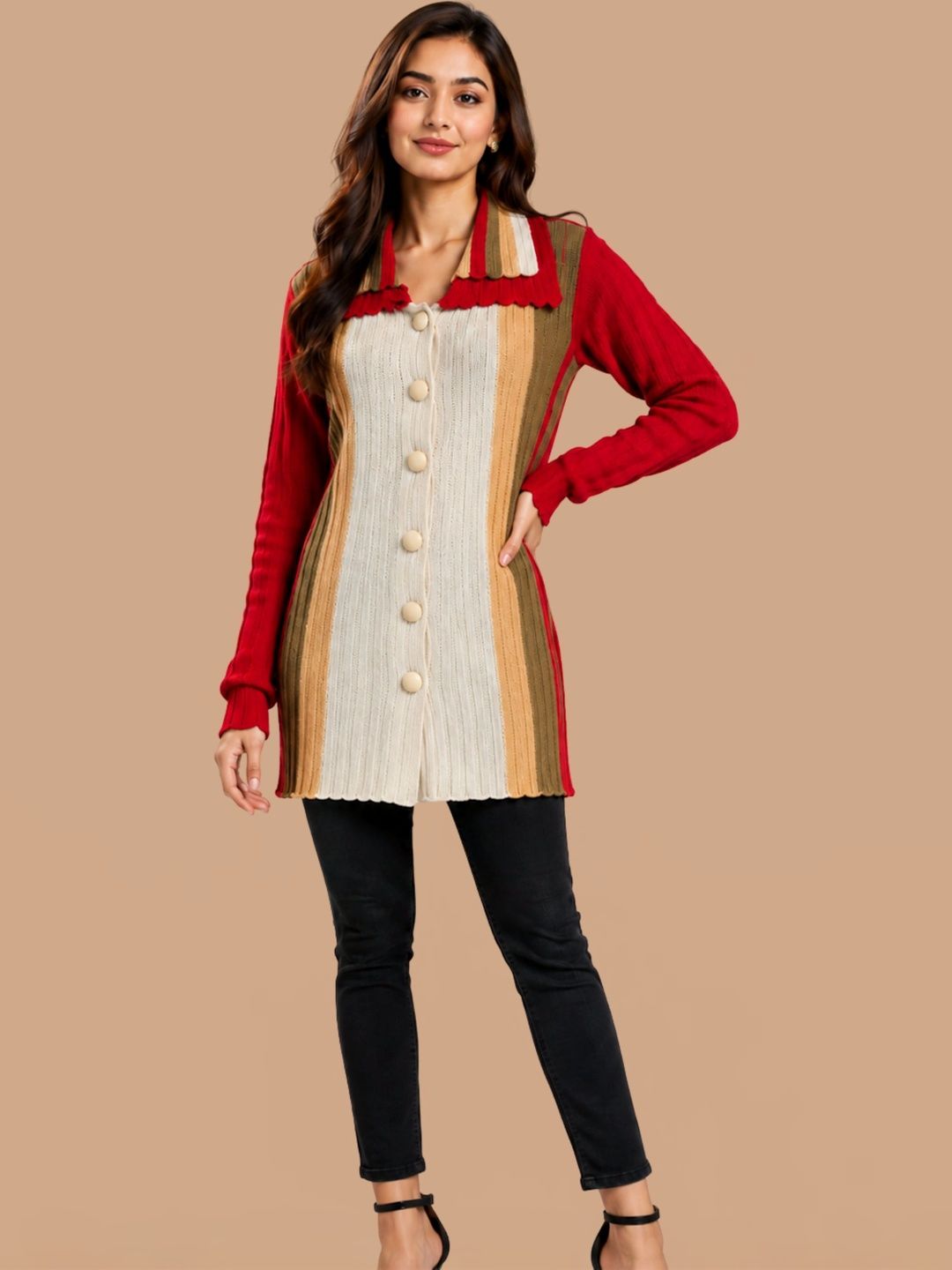 HAUTEMODA Women Colourblocked Woollen Longline Cardigan-picture-28