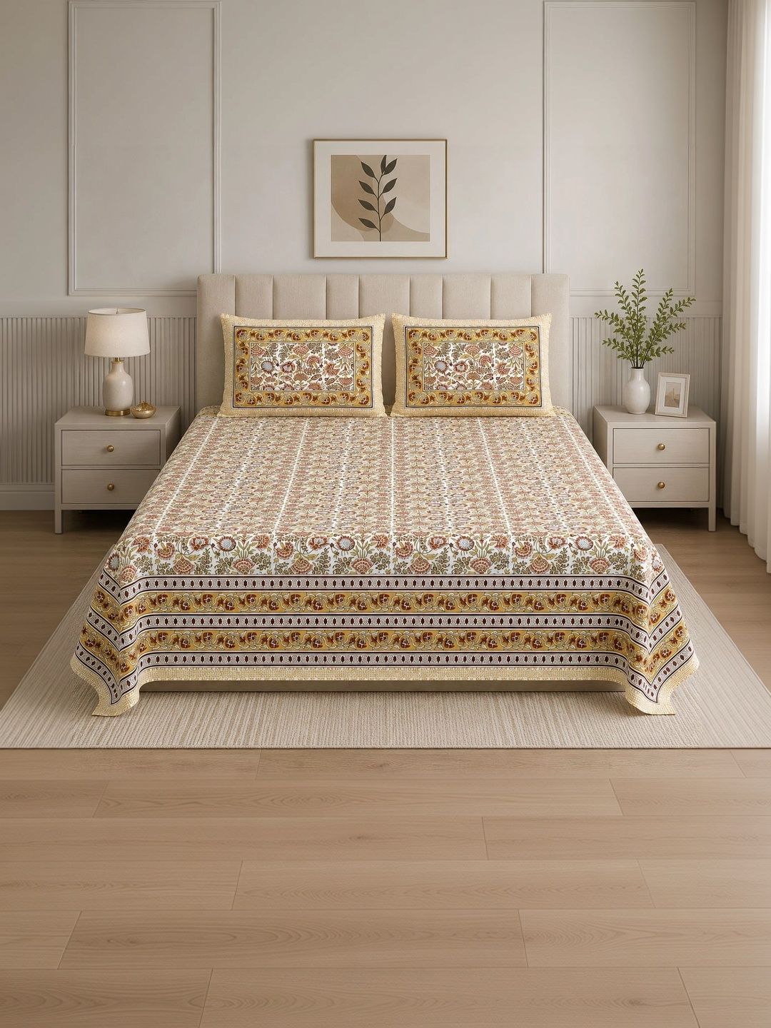 Aasira Yellow Floral 210 TC King Bedsheet with 2 Pillow Covers-picture-24