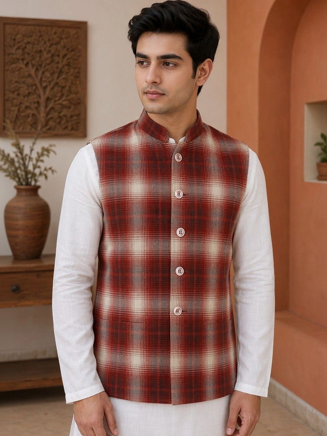 VASTRA BY LARA Checked Mandarin Collar Nehru Jackets-picture-31