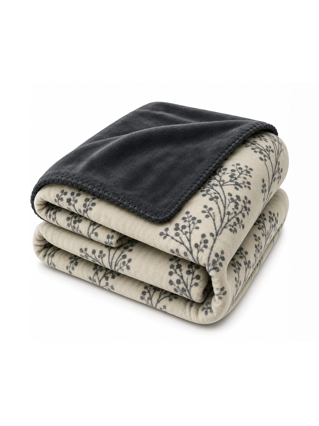 Nivasam Off White & Charcoal Floral Fleece Mild Winter 400 GSM Blanket-image-47