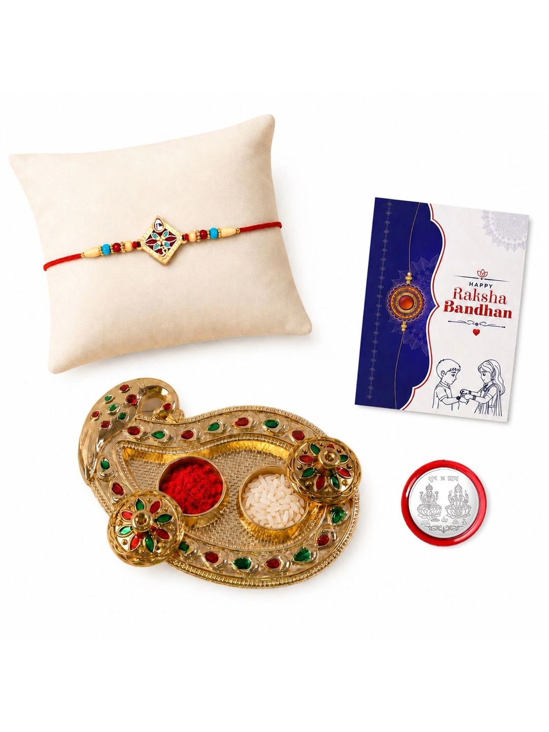 Effete Set Of 1Piece Rakhi With Roli Chawal Card Coin & Pooja Thali Gift Set-picture-16