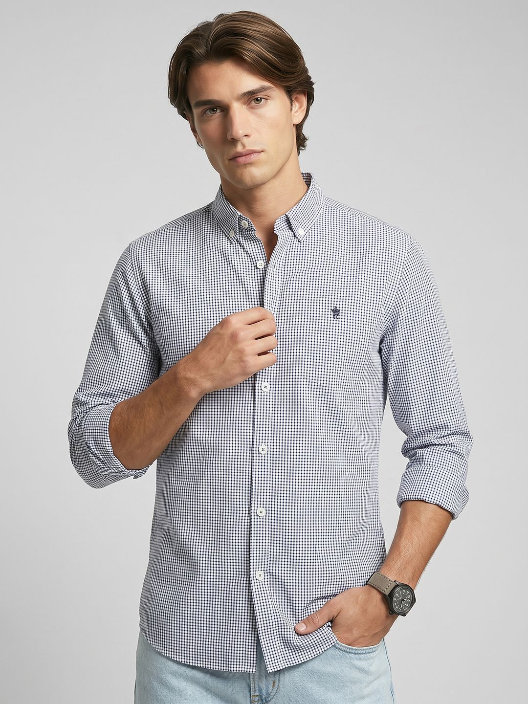 French Connection Checked Button-Down Collar Cotton Linen Casual Shirt-image-33