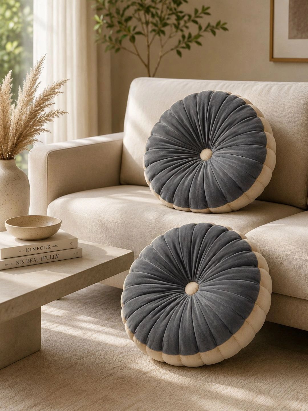 Dhrohar 2 Pieces Grey Velvet Round Pleated Cushions-picture-24