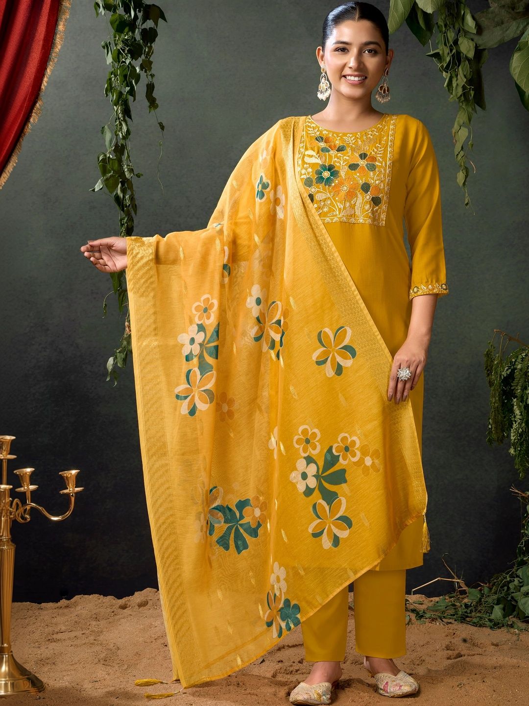 PAUSE Women Floral Embroidered Regular Thread Work Kurta with Trousers & With Dupatta-picture-40