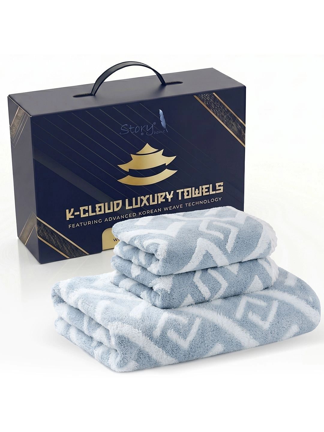 Story@home Blue & White 3 Piece Printed Cotton 500 GSM Towel Set-picture-35