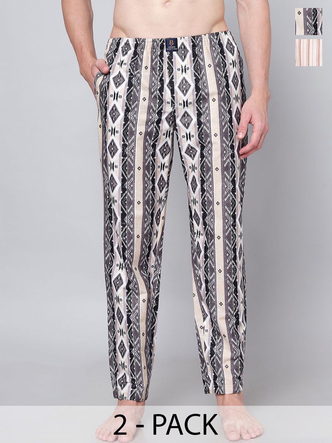 URBAN SCOTTISH Pack of 2 Printed Pure Cotton Straight Lounge Pants-picture-29