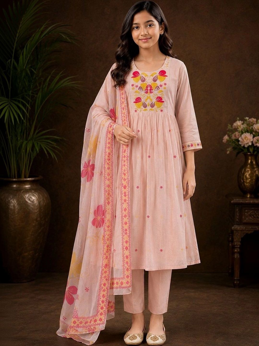 KALINI Girls Floral Embroidered Pleated Thread Work Chanderi Cotton Kurta with Pyjamas & With Dupatta-picture-15