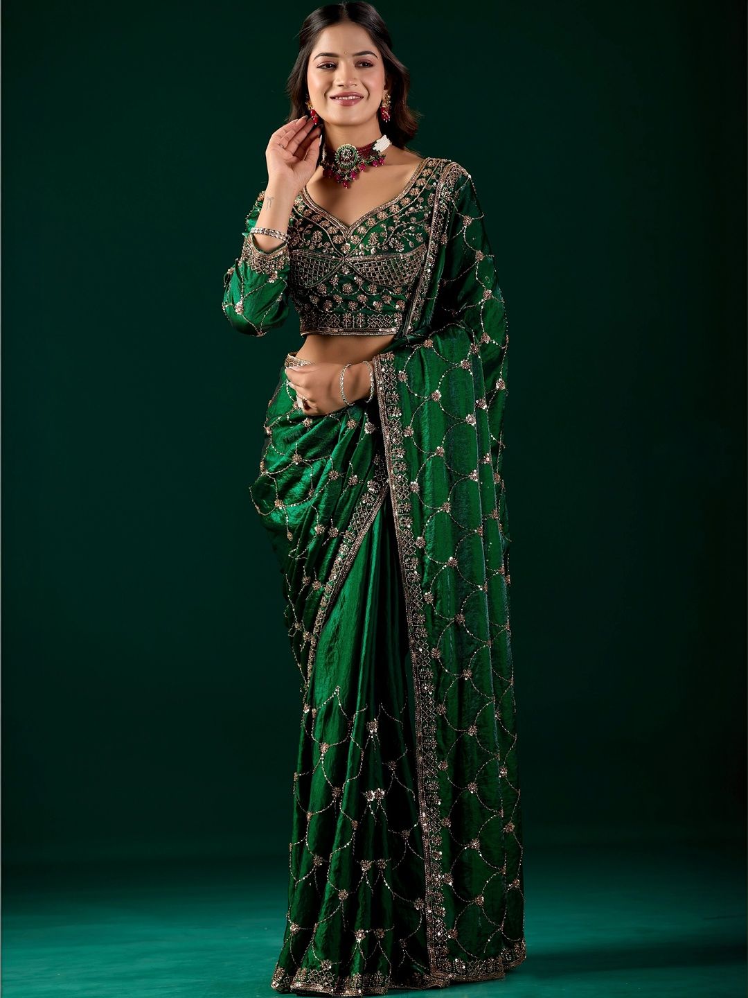 KANYAARI Embellished Beads and Stones Satin Heavy Work Saree-picture-28