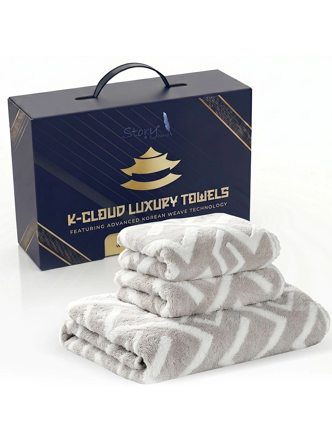 Story@home Grey & White 3 Piece Printed Cotton 500 GSM Towel Set-image-37