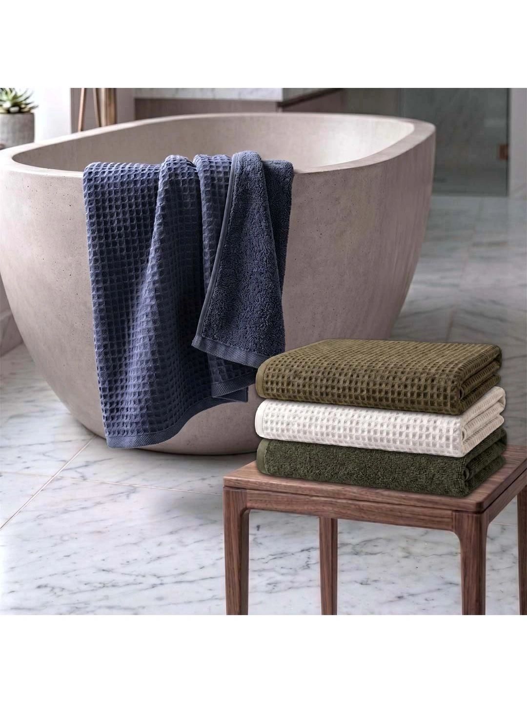 Athom Living Green & Navy Blue 4 Cotton 450 GSM Bath Towel-image-17