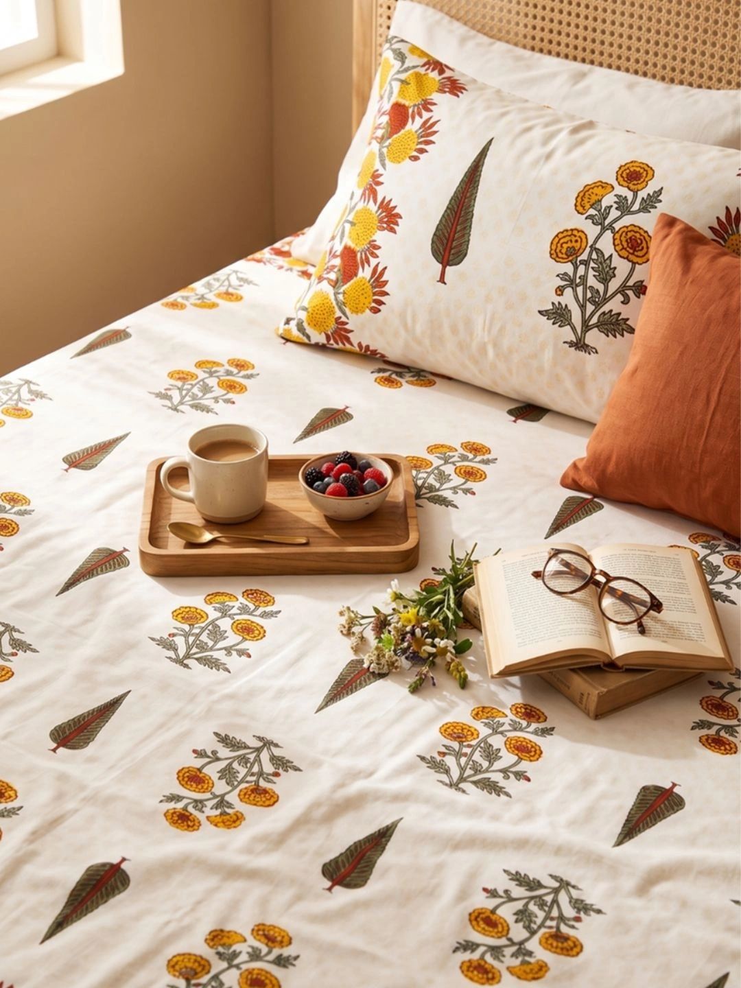 Naksh Orange & Green Floral 180 TC King Bedsheet with 2 Pillow Covers-image-47