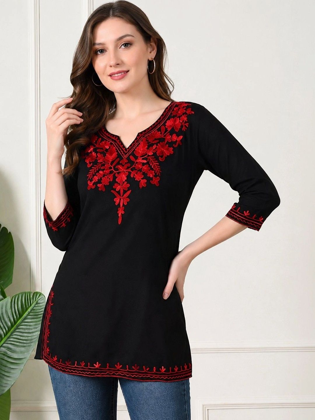 NAVYAAZRI Ethnic Motifs Embroidered V-Neck Thread Work Thread Work Kurti-picture-50