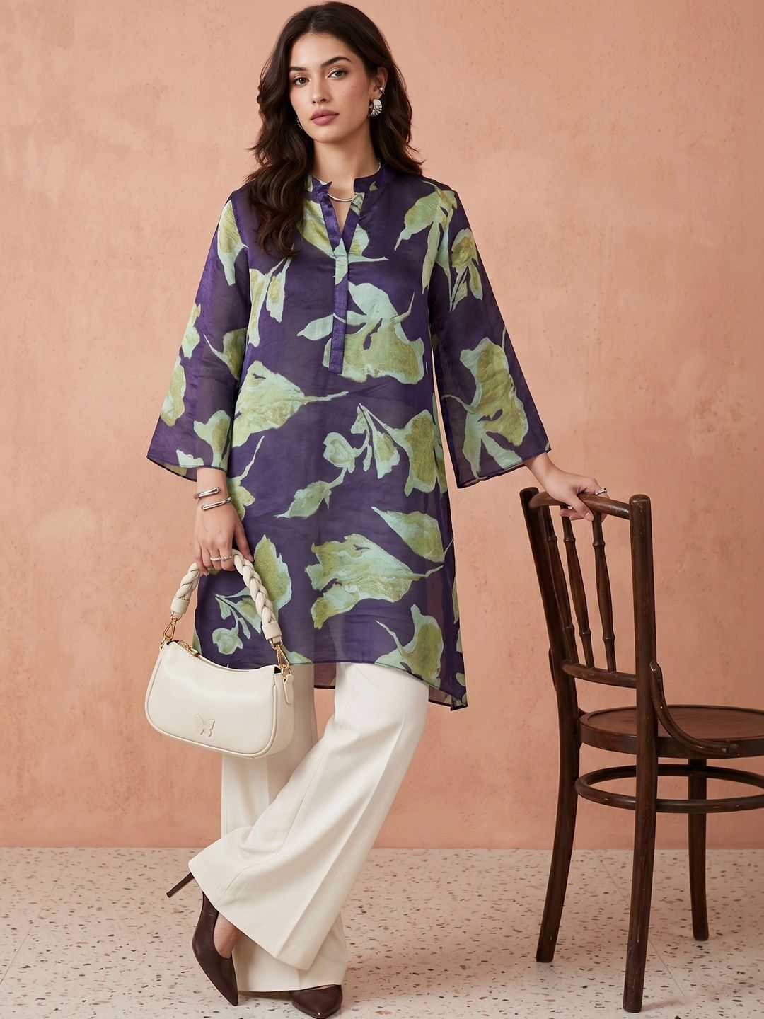 all about you Floral Print Mandarin Collar Bell Sleeve Crepe High-Low Longline Top-picture-8