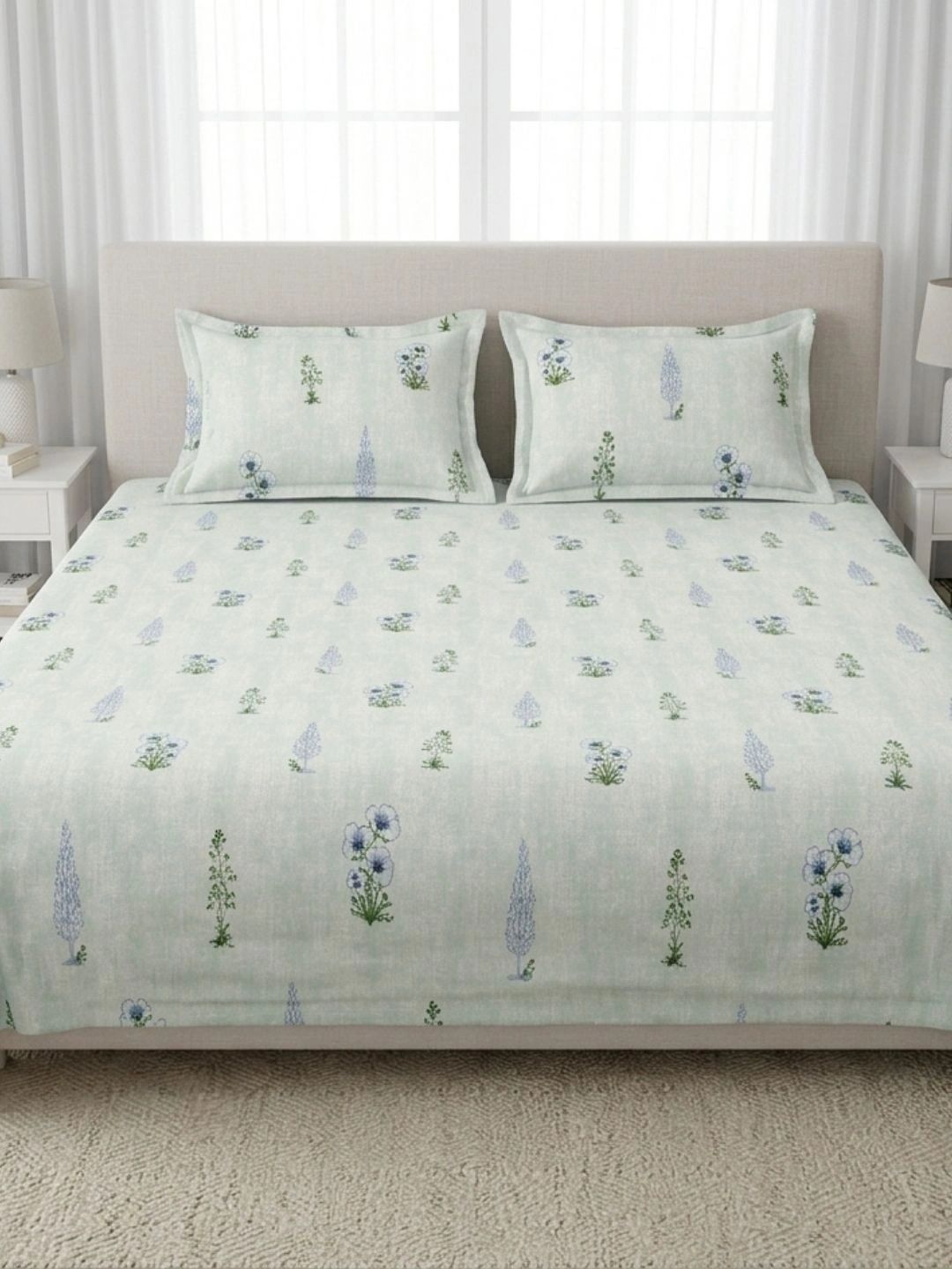 Sleeping Owls-because your sleep matters Blue & Green Floral 210 TC King Bedsheet with 2 Pillow Covers-picture-54