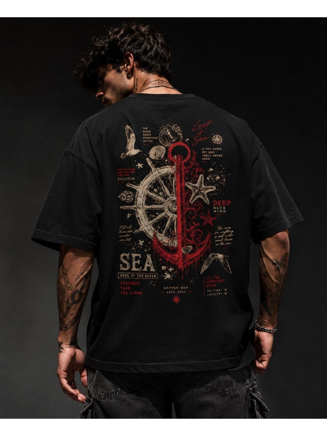 DAPPER DEN Men Printed Drop-Shoulder Sleeves Pure Cotton T-shirt-picture-16