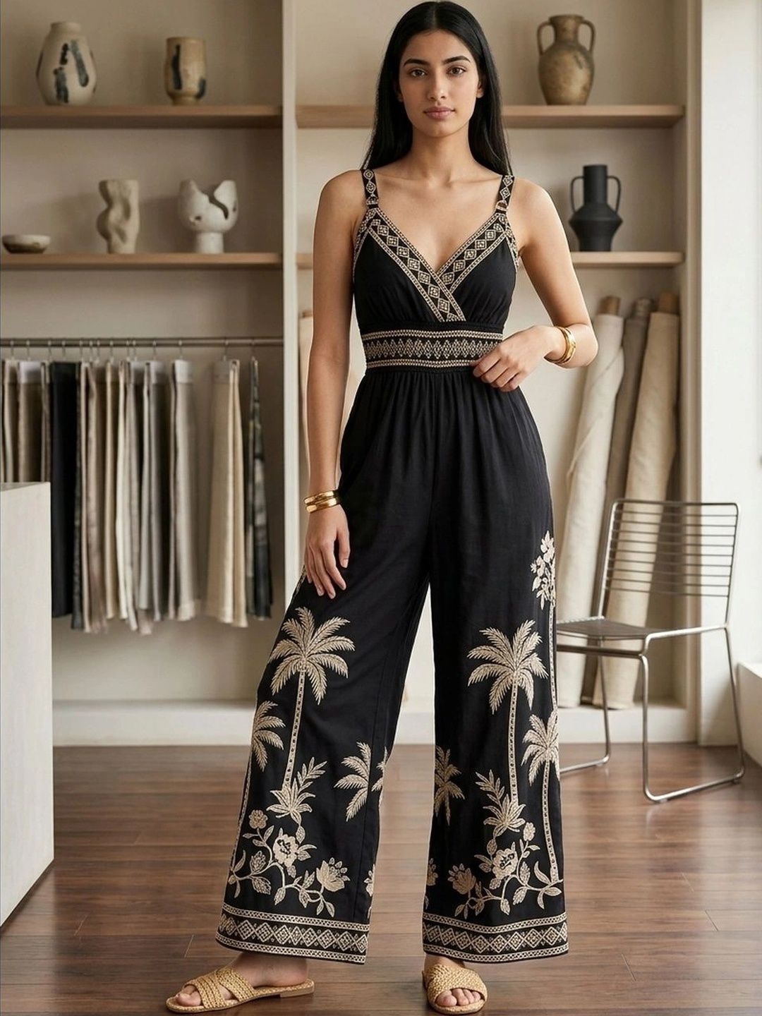 Zucchini Printed Basic Jumpsuit with Embroidered-picture-13