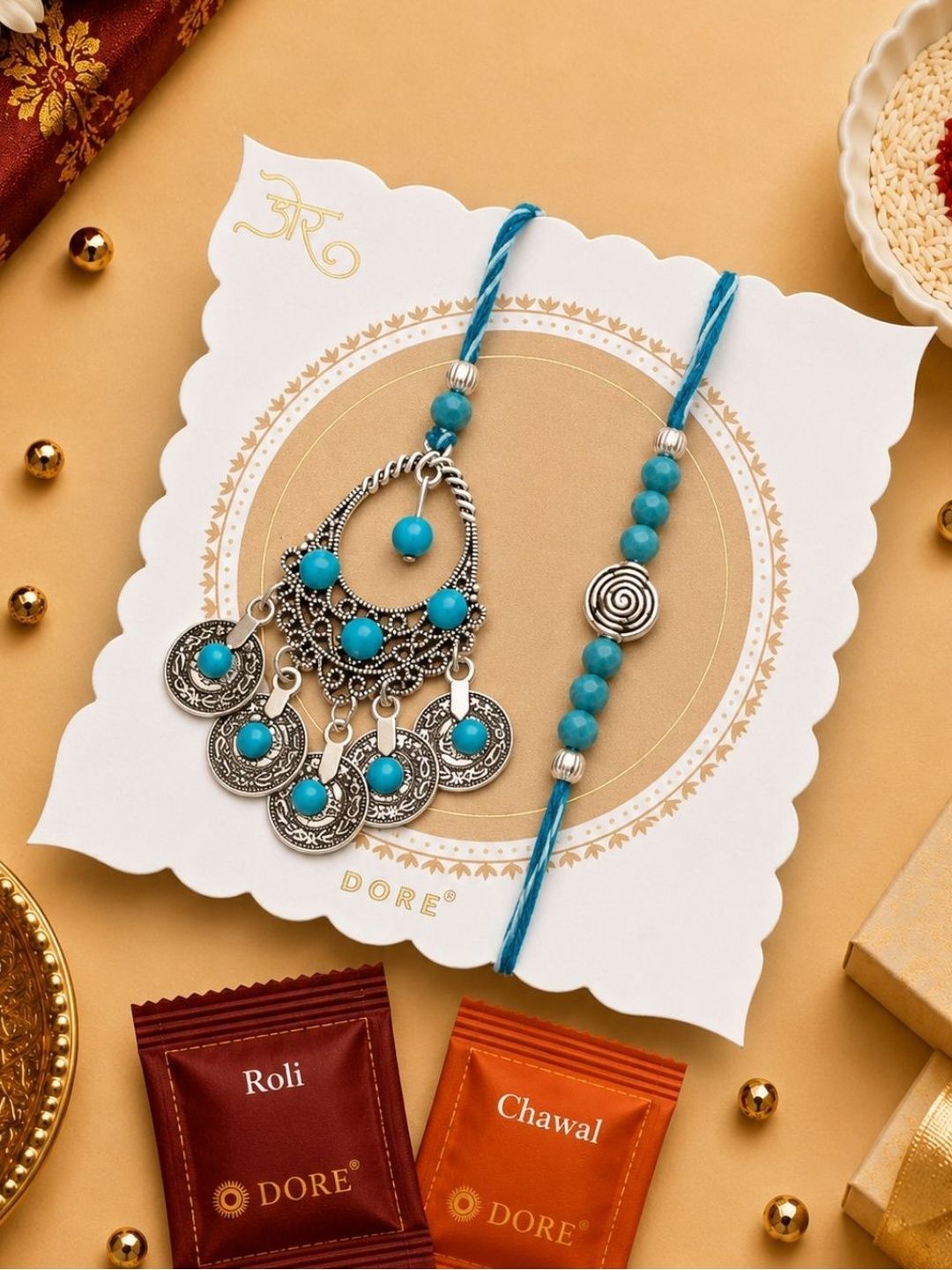 Dore Rakhi Lumba Set Oxidized Silver & Turquoise Bhaiya Bhabhi-picture-54