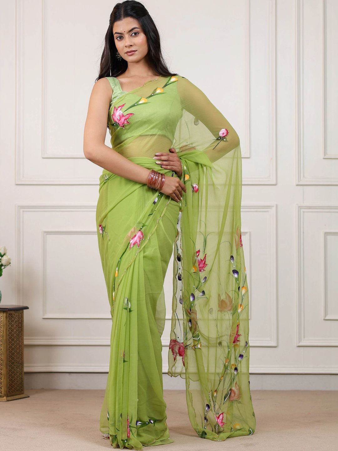 ARKIA Floral Embroidered Pure Chiffon Heavy Work Saree-picture-11