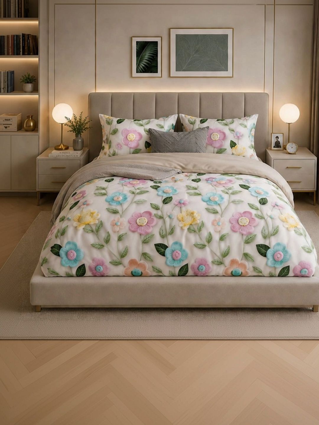 ButterThread White & Yellow Graphic 150 TC Bedsheet with 2 Pillow Covers-picture-51