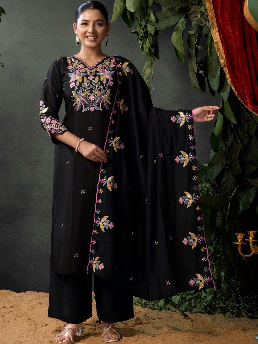 PAUSE Floral Embroidered Regular Sequinned Kurta With Palazzos & Dupatta-image-0