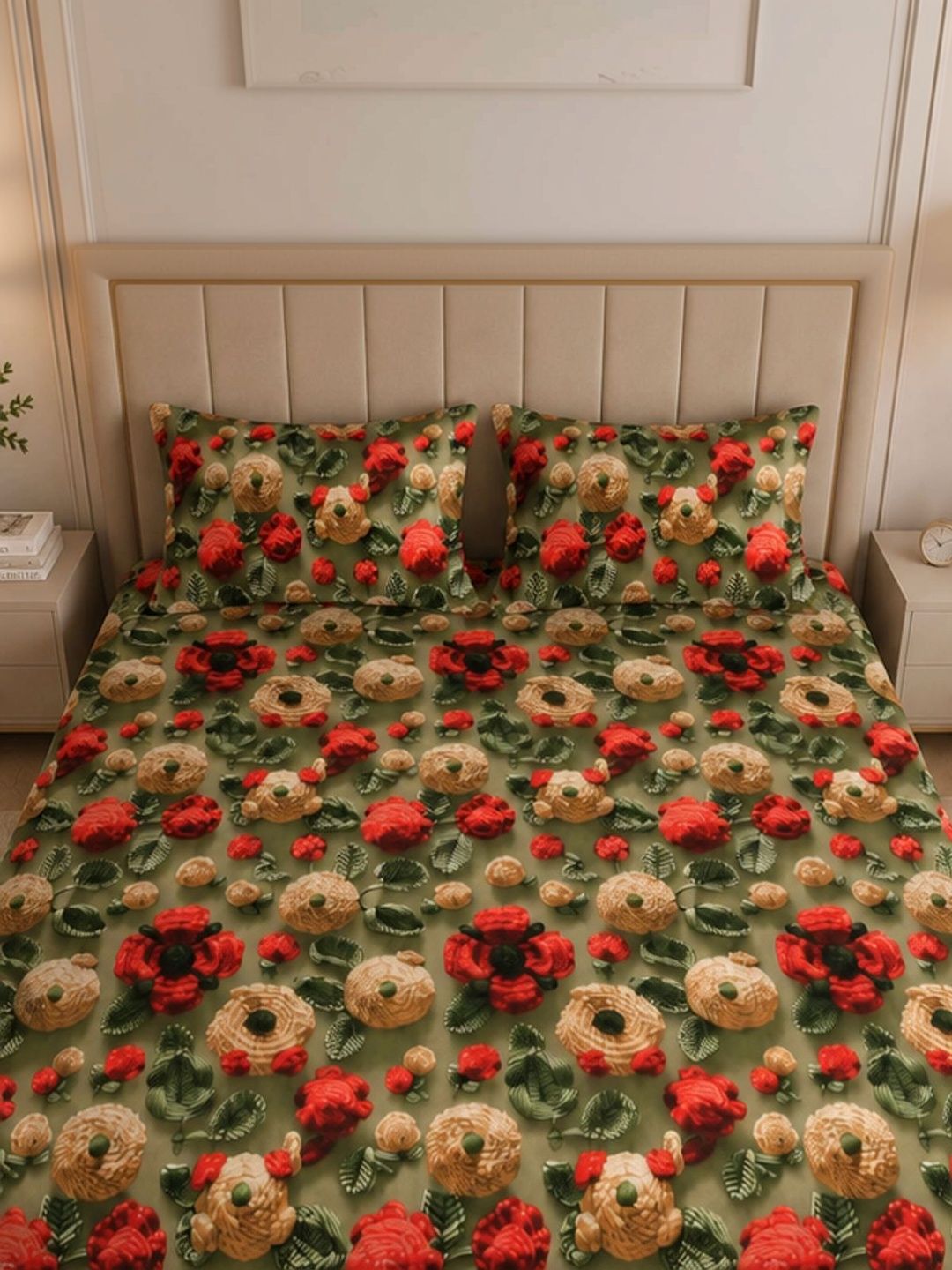ButterThread Green & Red Graphic 150 TC Bedsheet with 2 Pillow Covers-image-36