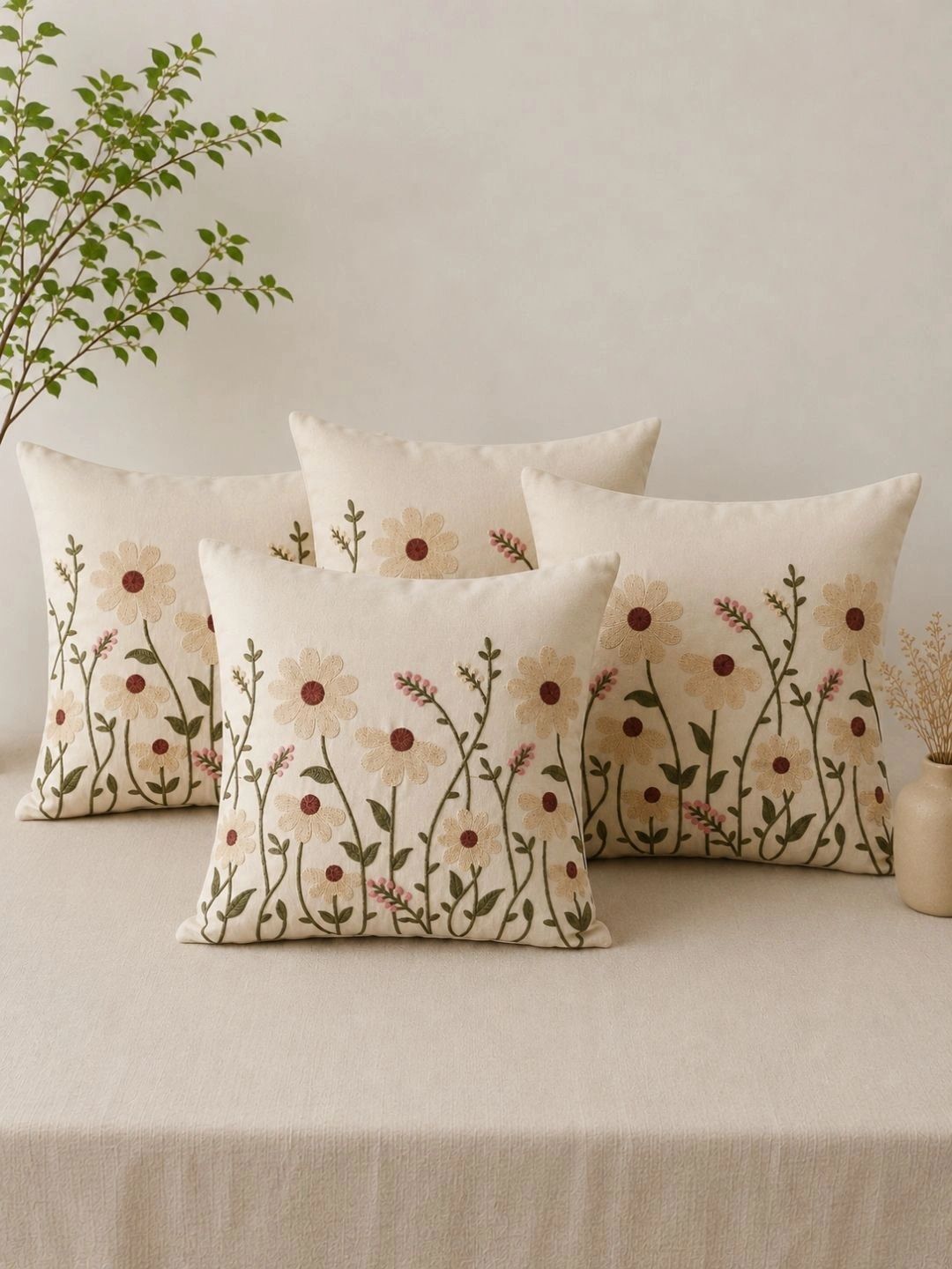 VORNEXA Cream-Coloured & Brown Set of 4 Floral Velvet Blend Square Cushion Covers-picture-46