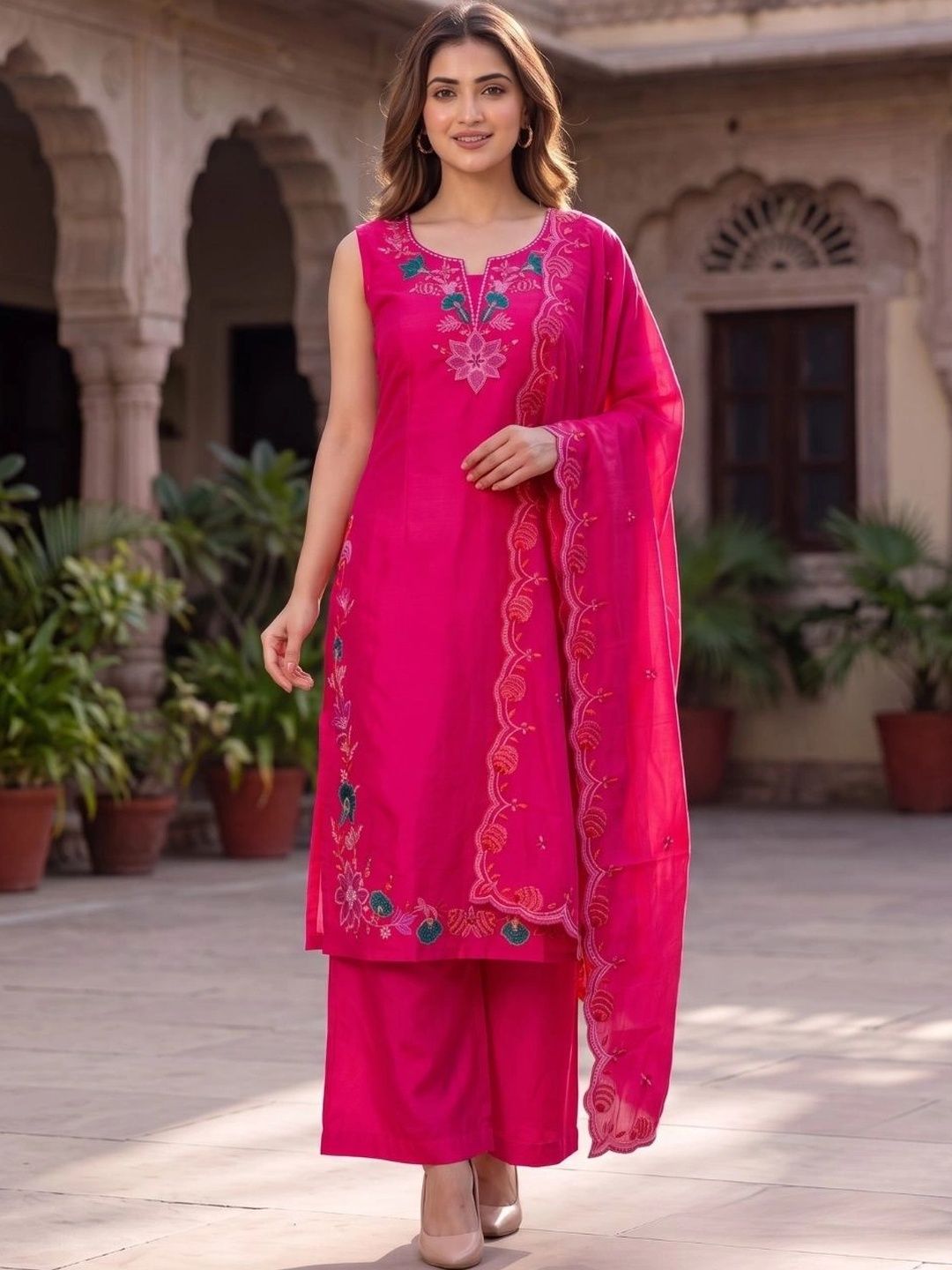 HERE&NOW Women Ethnic Motifs Embroidered Regular Mirror Work Pure Silk Kurta with Palazzos & With Dupatta-picture-56