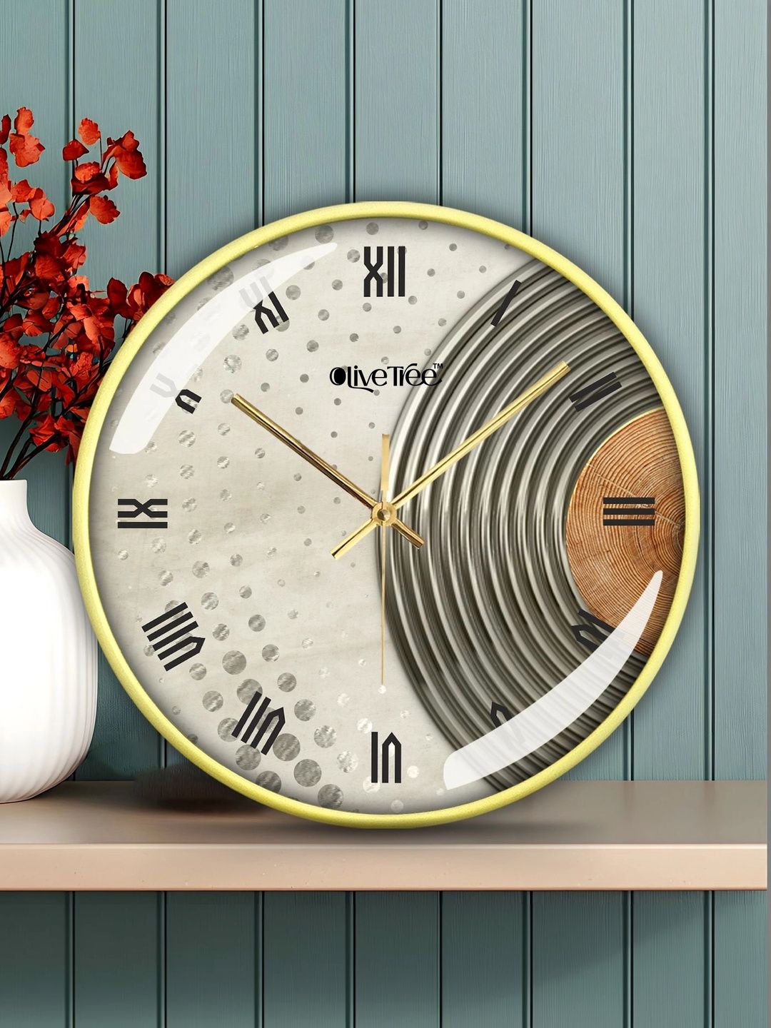 OLIVE TREE Gold-Toned & Silver-Toned Printed Contemporary Wall Clock-picture-22