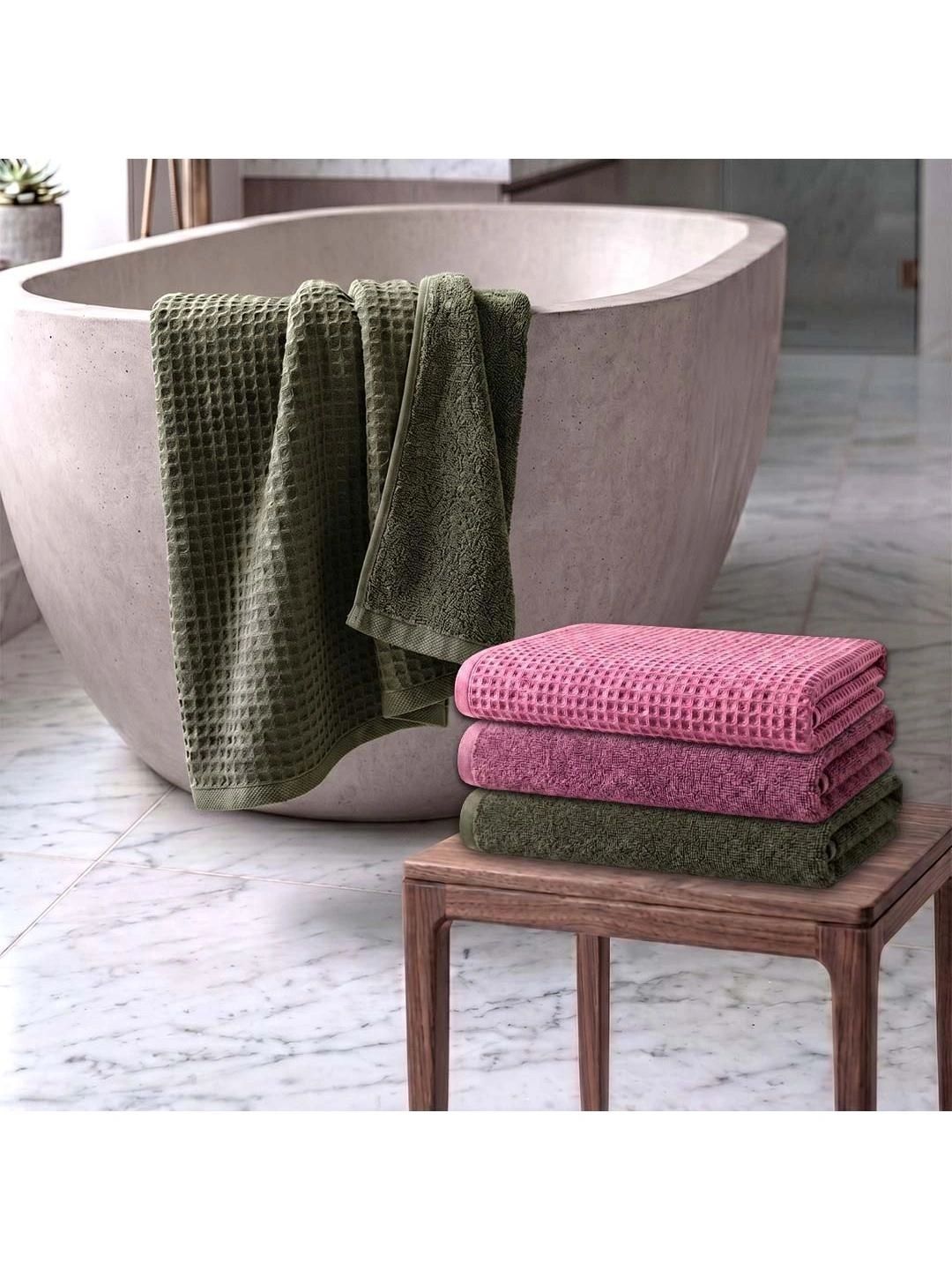 Athom Living Pink & Green 4 Cotton 450 GSM Bath Towel-picture-3
