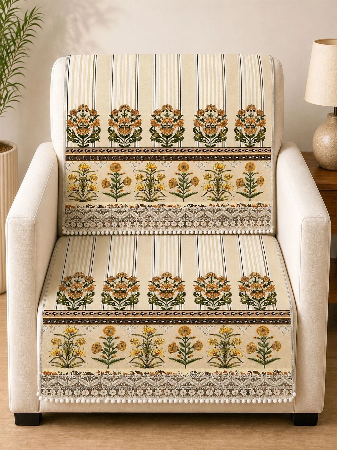 Clasiko Cream-Coloured Printed 2 Piece Sofa Cover Without Arms-picture-42