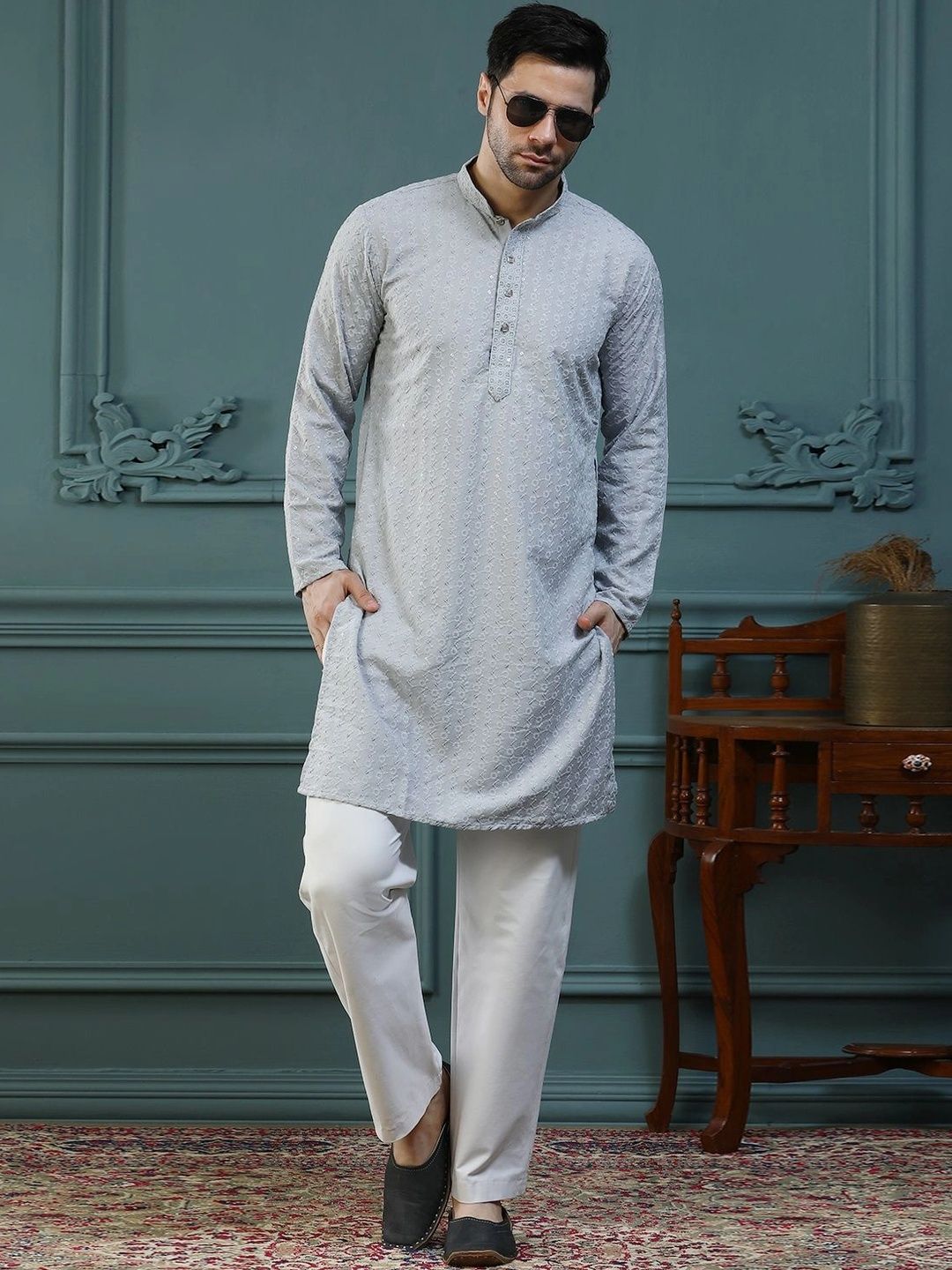 ALMORA Men Embellished Sequinned Handloom Kurta-picture-12