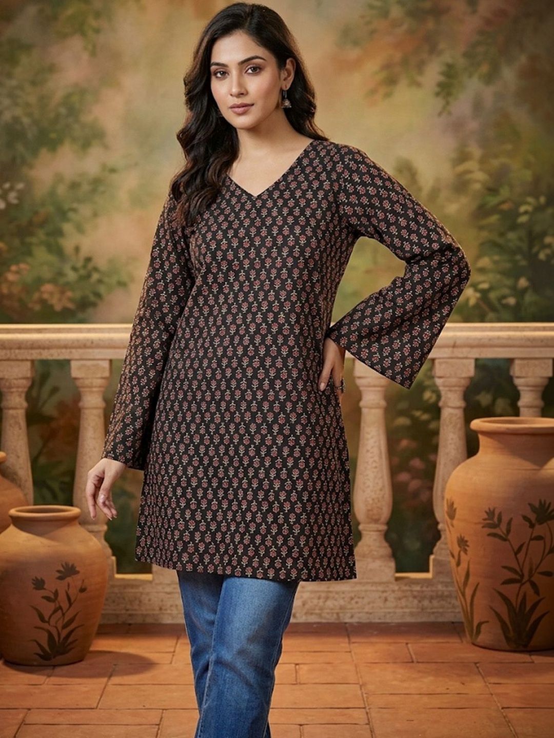 Sangria Printed Cotton V-Neck Above Knee Straight Kurtas-image-32