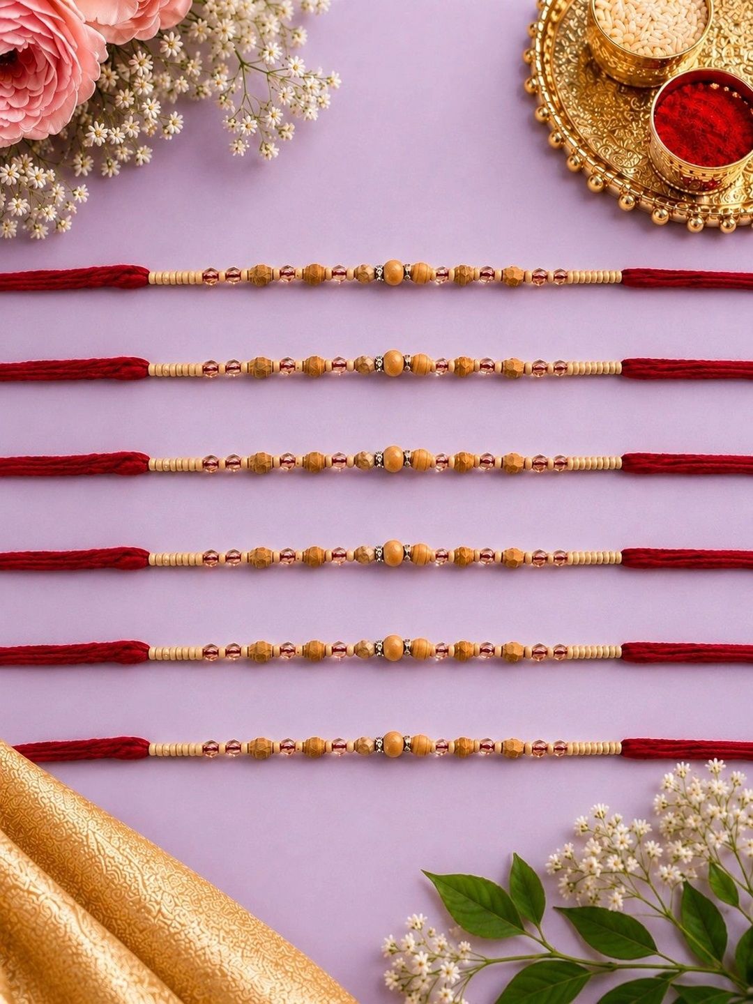 RHOSYN Set Of 6 Wooden Bead Rakhi with Roli Chawal & Greeting Card-picture-54