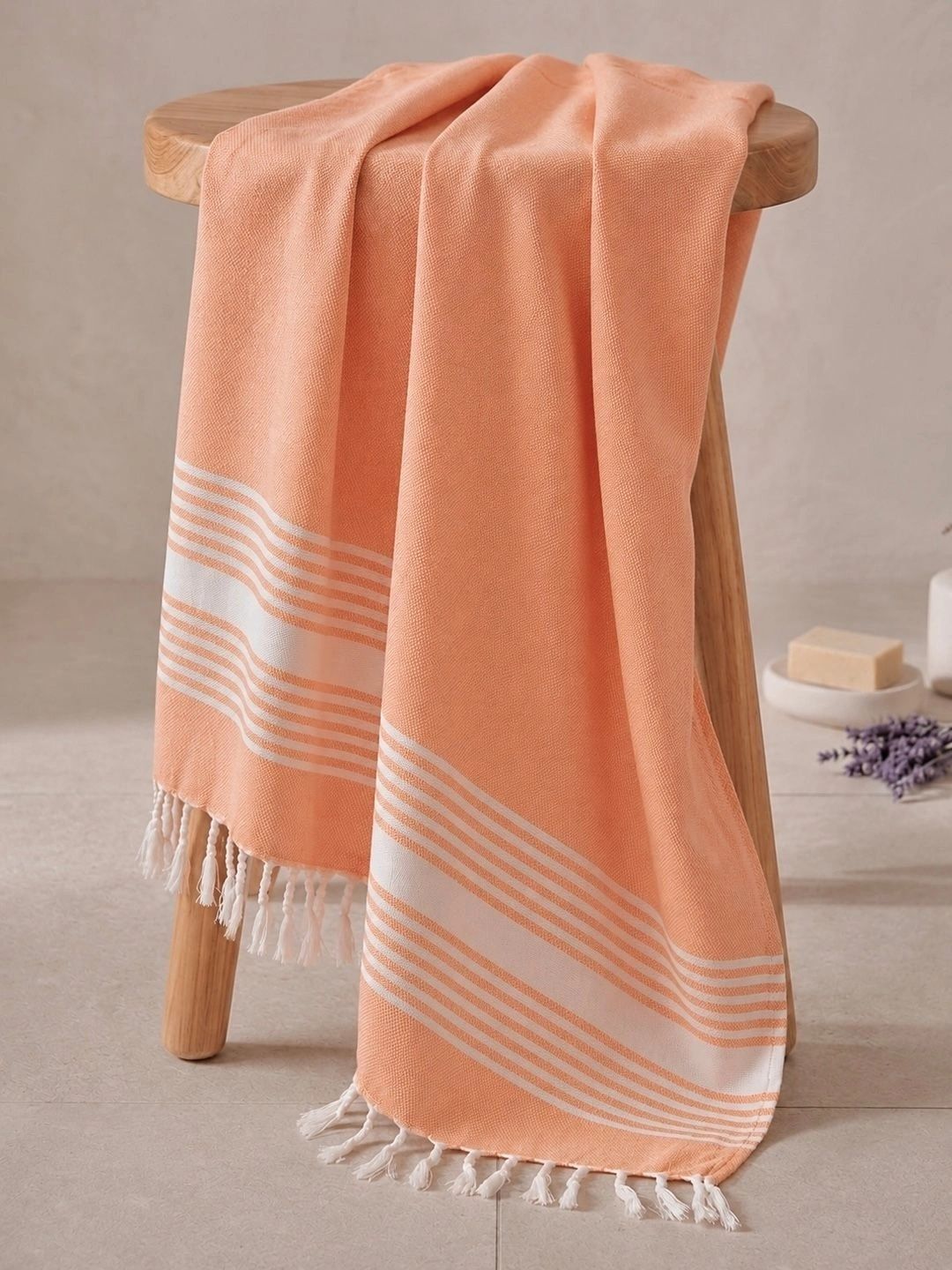 Triani Peach-Coloured & White 1 Striped Bamboo 225 GSM Bath Towel-image-38