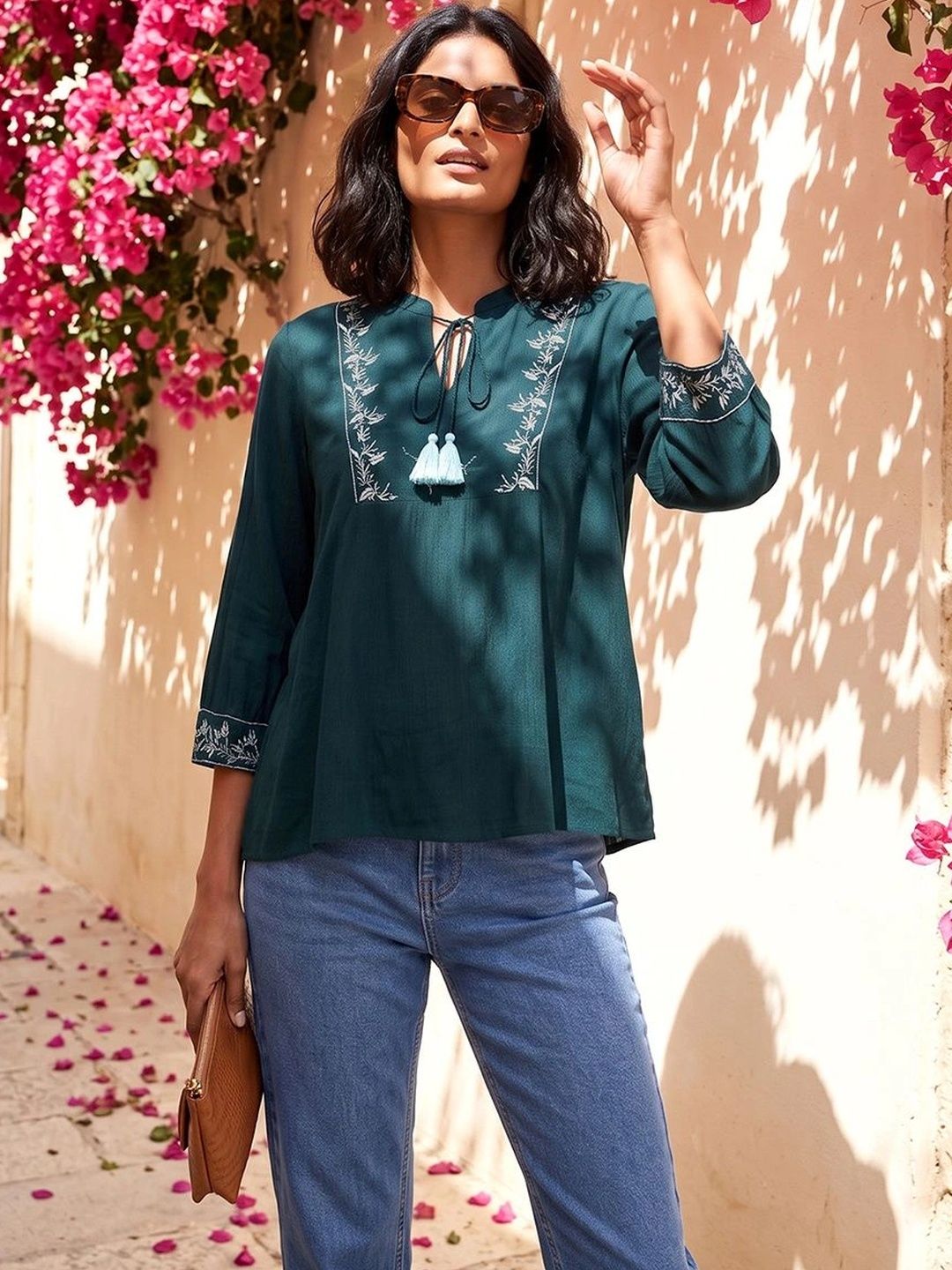 Colour Me by Melange Floral Embroidered Keyhole Neck Bohemian Top-picture-12
