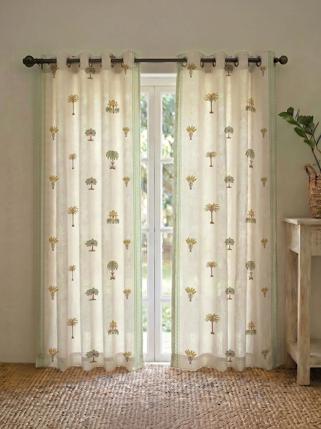 URBAN SPACE Green & Beige Set of 2 Floral Long Door Curtain-picture-46