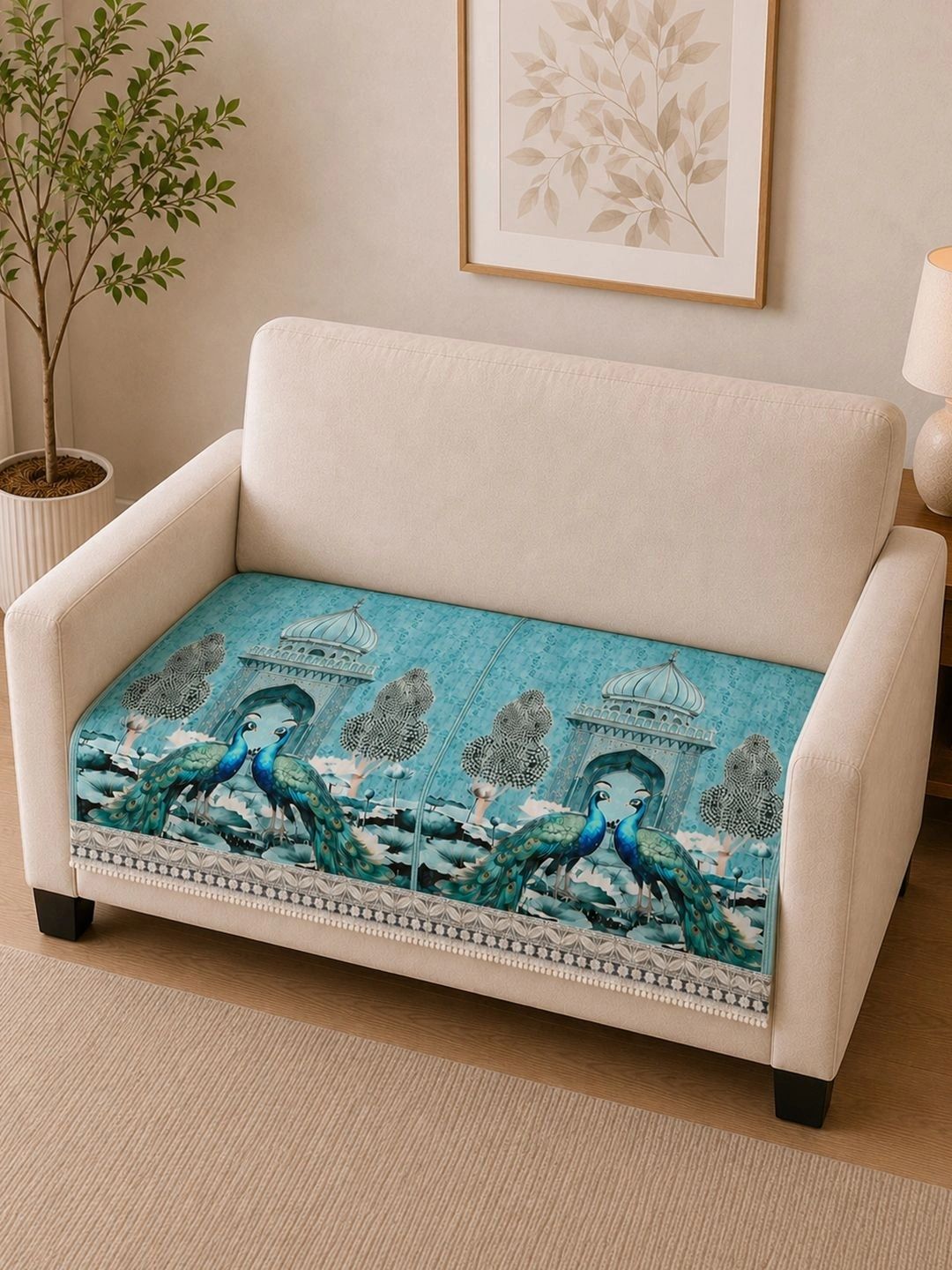 Clasiko Blue Printed 1 Piece Sofa Cover Without Arms-picture-50