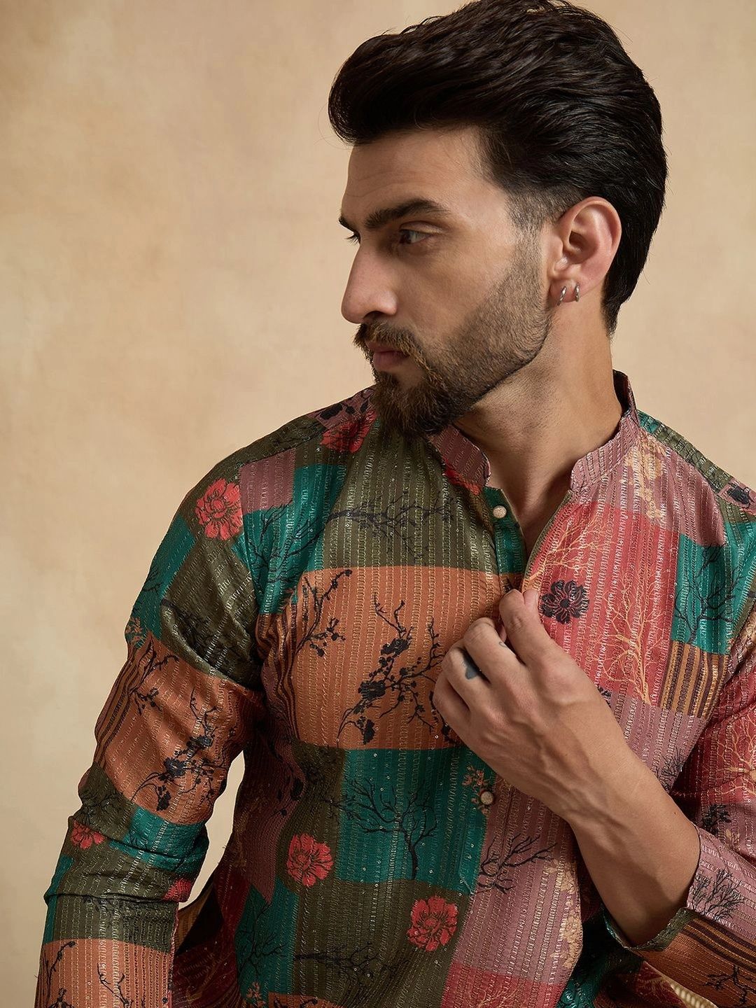 House of Pataudi Floral Printed Mandarin Collar Knee Length Straight Kurta-picture-24