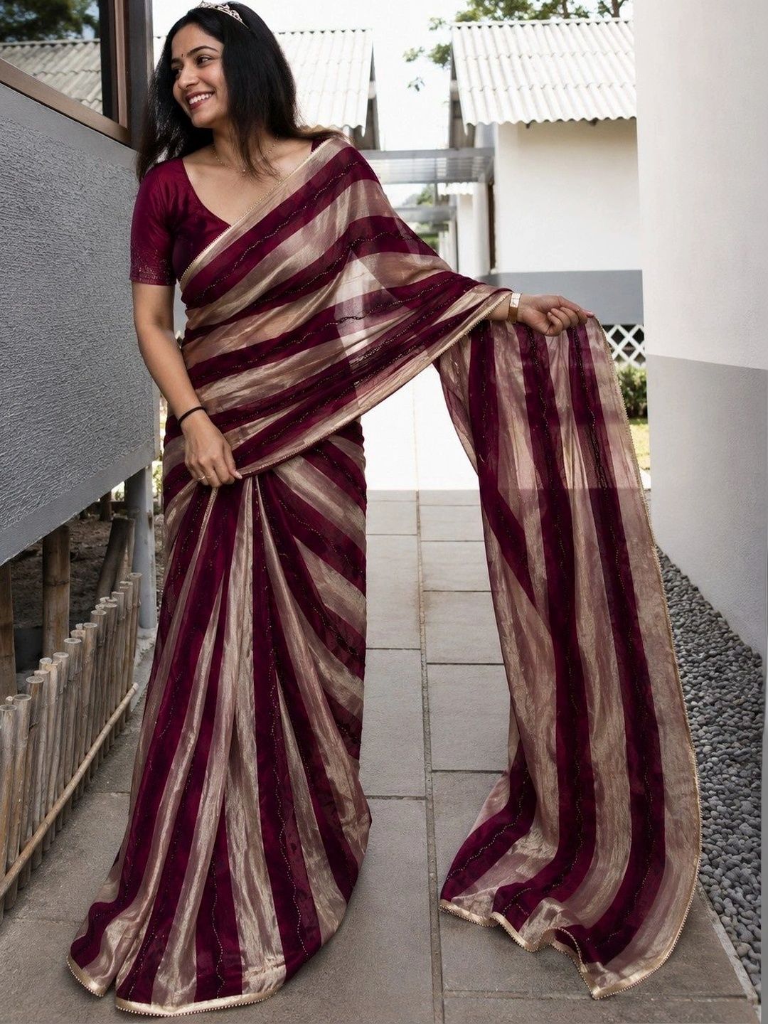 Lapetiya Clothing Leheriya Beads and Stones Tissue Designer Saree-picture-48