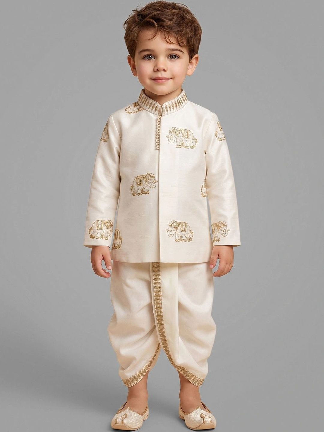 little desi Cream Raw Silk Mandarin Collar Long Sleeves Straight Kurta with Dhoti Pant-picture-40