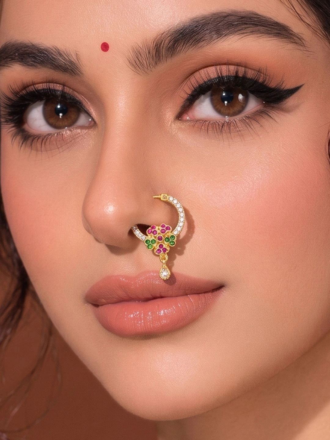 ADIVA Gold-Plated Multicolor AD Stone Floral Nose Ring-picture-22