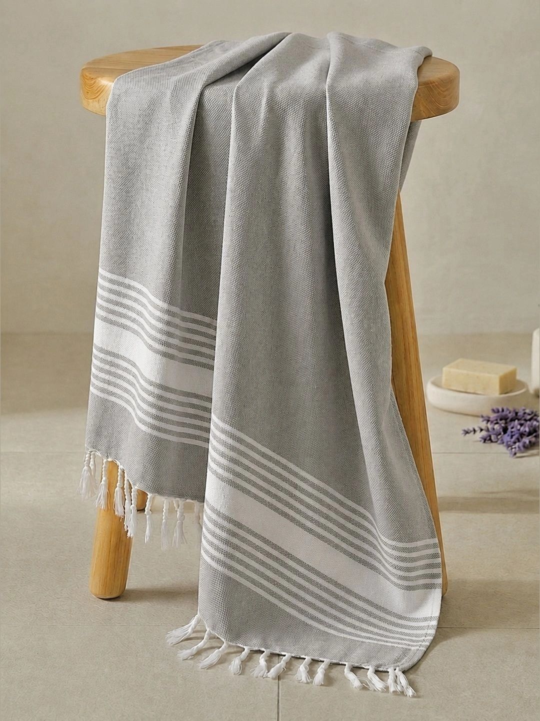 Triani Grey & White 1 Striped Bamboo 225 GSM Bath Towel-image-13