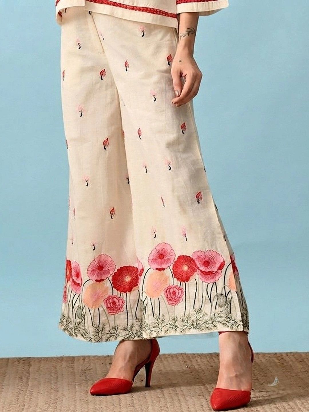KALINI Women Floral Embroidered Smart Flared Easy Wash Trousers-image-47