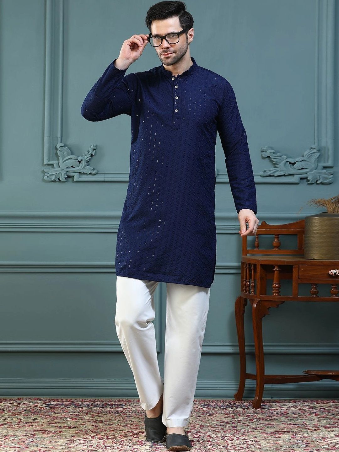 ALMORA Men Embellished Sequinned Handloom Kurta-picture-13