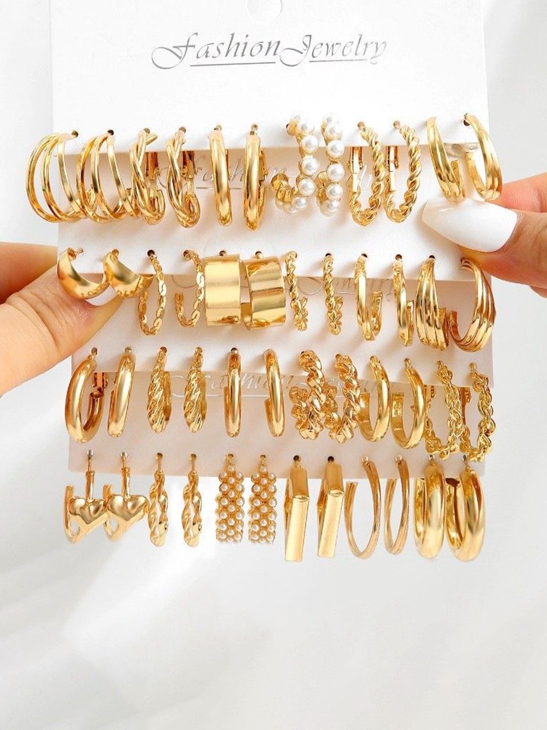 DressBerry Set Of 24 Gold-Plated Pearls Beaded Circular Half Hoop Earrings