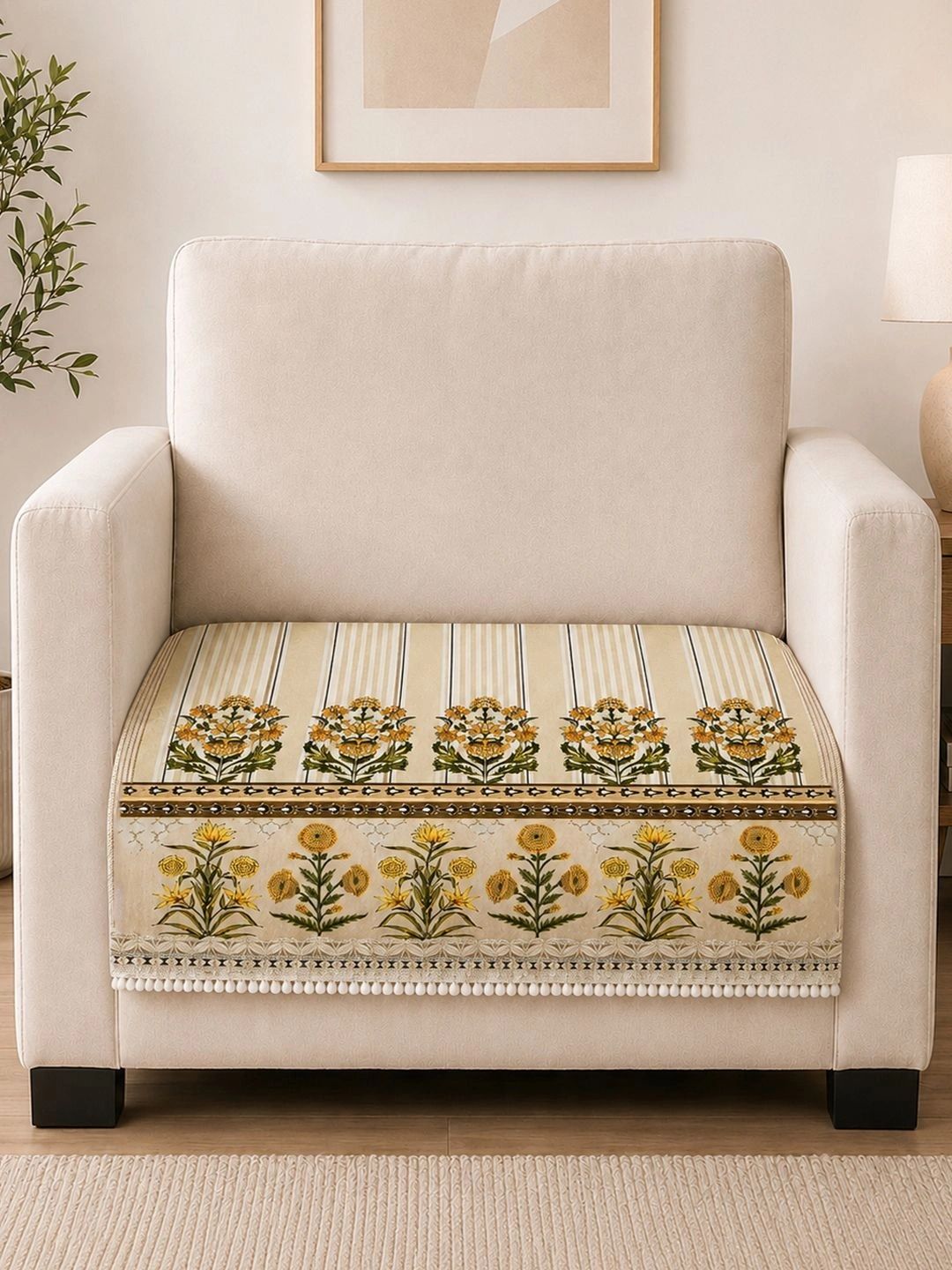 Clasiko Cream-Coloured Printed 1 Piece Sofa Cover Without Arms-picture-25