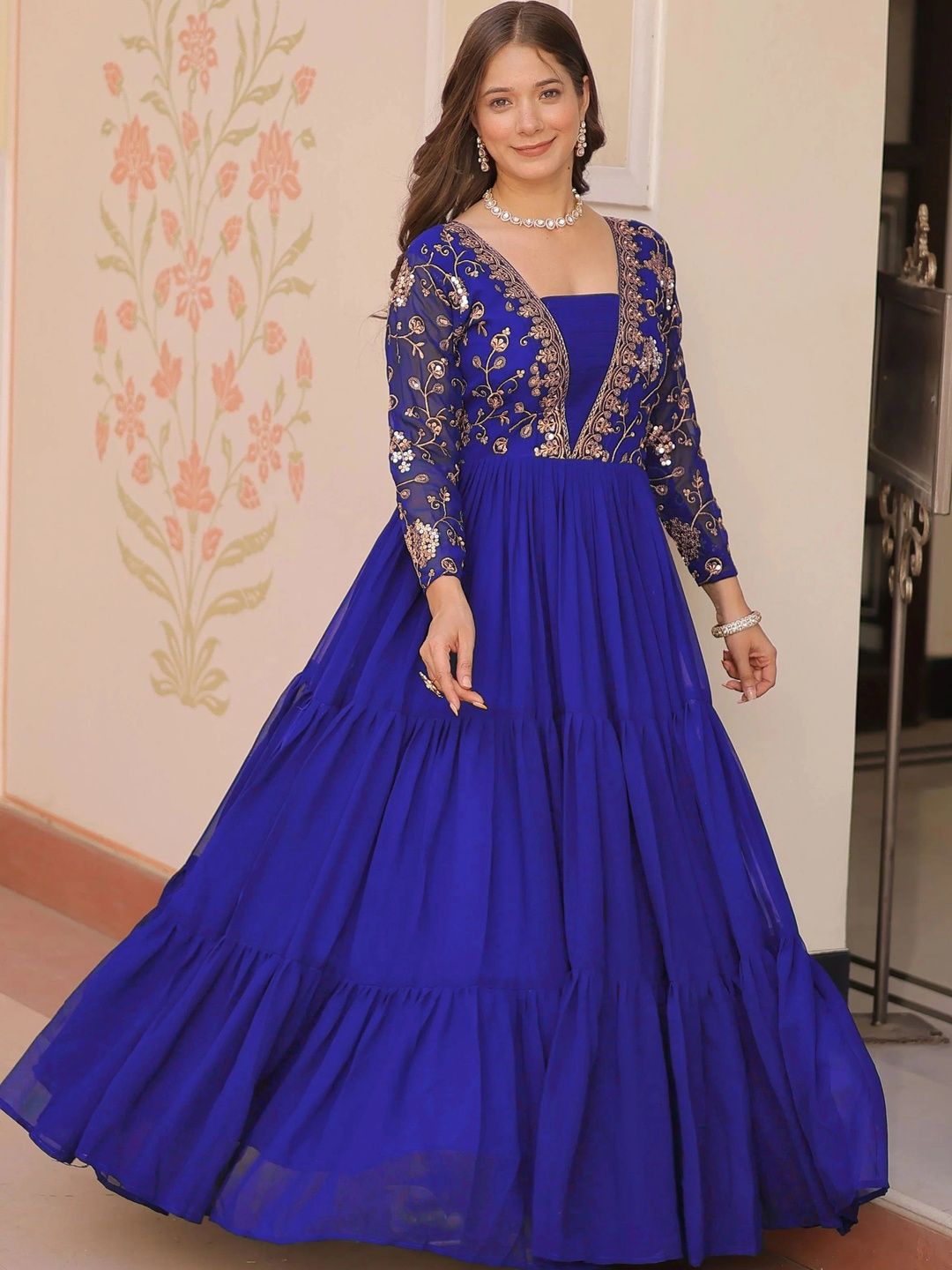 KALINI Embellished Embroidered Georgette V-Neck Maxi Ethnic Dress-picture-11