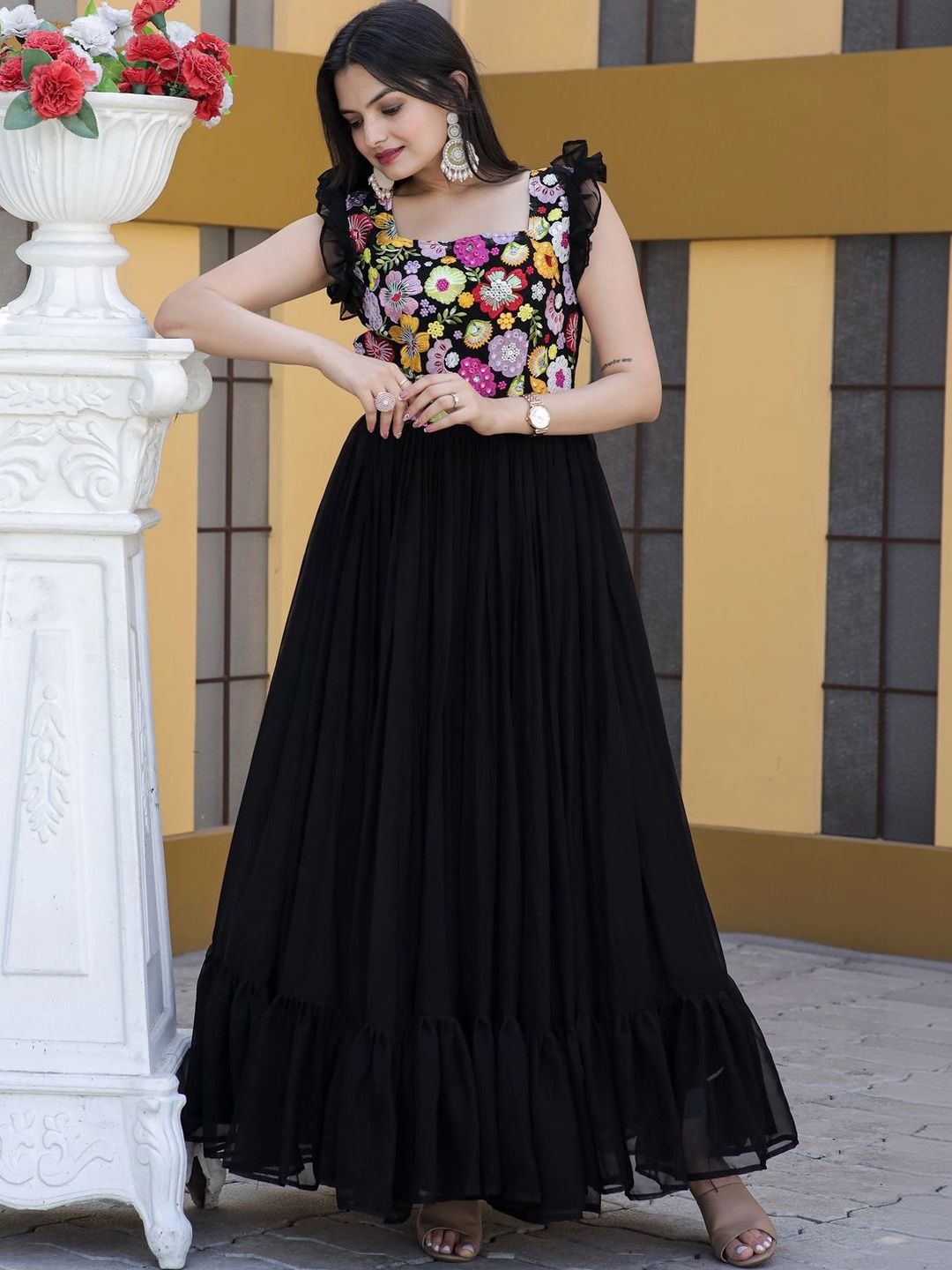 KALINI Embroidered Square Neck Maxi Ethnic Dresses-picture-18