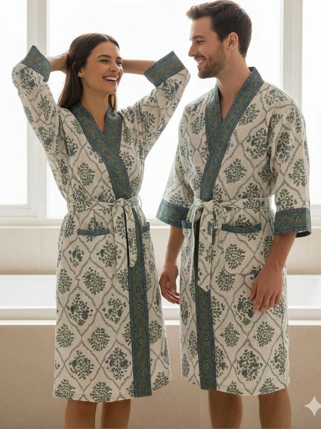 CHICERY Pack Of 2 Printed Pure Cotton Knee Length Bath Robe-picture-4